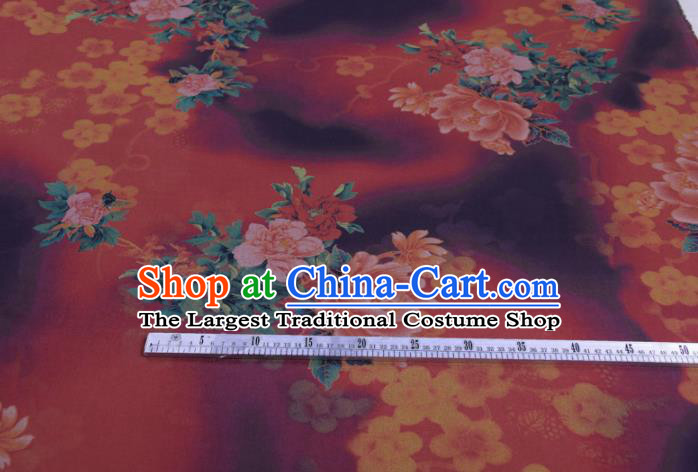 Traditional Chinese Classical Peony Plum Pattern Dark Red Gambiered Guangdong Gauze Silk Fabric Ancient Hanfu Dress Silk Cloth