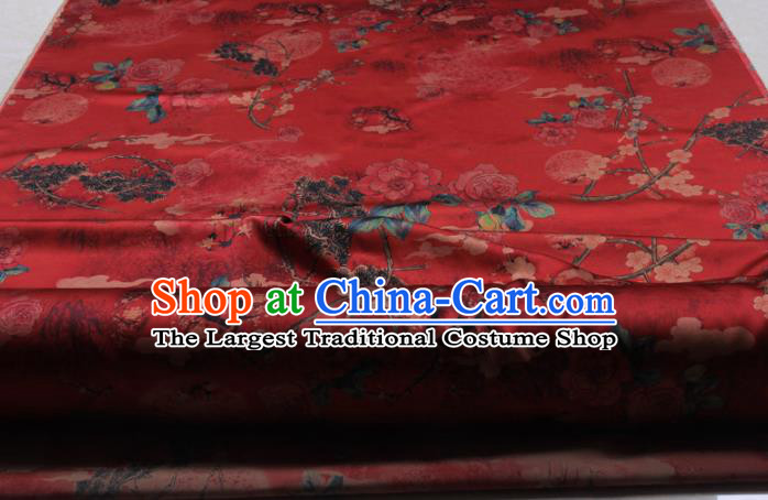 Traditional Chinese Classical Plum Peony Pattern Red Gambiered Guangdong Gauze Silk Fabric Ancient Hanfu Dress Silk Cloth