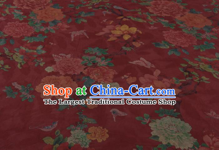 Traditional Chinese Classical Peony Birds Pattern Red Gambiered Guangdong Gauze Silk Fabric Ancient Hanfu Dress Silk Cloth