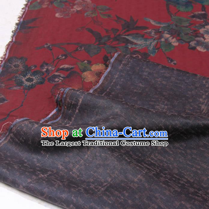 Traditional Chinese Classical Flowers Pattern Dark Red Gambiered Guangdong Gauze Silk Fabric Ancient Hanfu Dress Silk Cloth