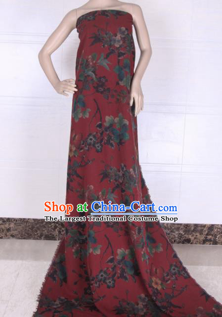 Traditional Chinese Classical Flowers Pattern Dark Red Gambiered Guangdong Gauze Silk Fabric Ancient Hanfu Dress Silk Cloth