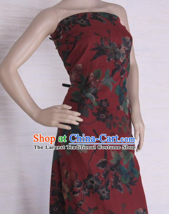 Traditional Chinese Classical Flowers Pattern Dark Red Gambiered Guangdong Gauze Silk Fabric Ancient Hanfu Dress Silk Cloth