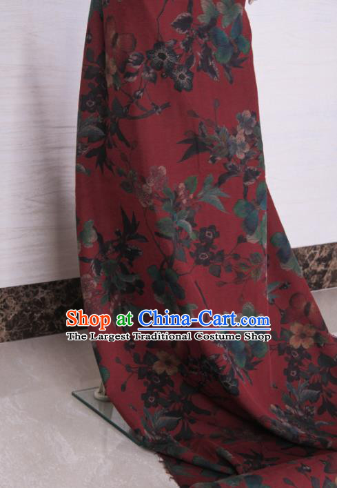 Traditional Chinese Classical Flowers Pattern Dark Red Gambiered Guangdong Gauze Silk Fabric Ancient Hanfu Dress Silk Cloth