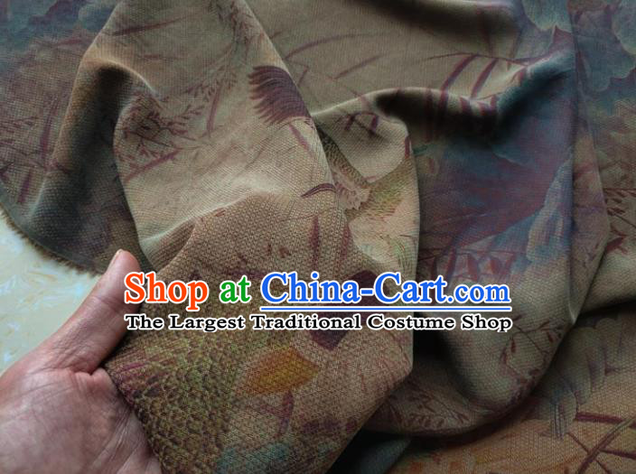 Traditional Chinese Classical Crane Lotus Pattern Khaki Gambiered Guangdong Gauze Silk Fabric Ancient Hanfu Dress Silk Cloth
