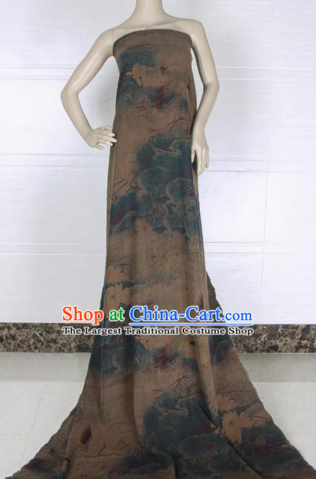 Traditional Chinese Classical Crane Lotus Pattern Khaki Gambiered Guangdong Gauze Silk Fabric Ancient Hanfu Dress Silk Cloth
