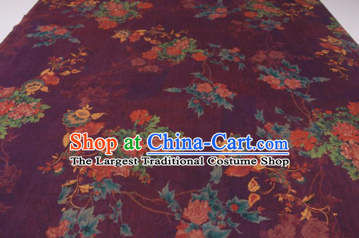 Traditional Chinese Classical Flowers Pattern Deep Purple Gambiered Guangdong Gauze Silk Fabric Ancient Hanfu Dress Silk Cloth