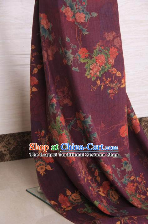 Traditional Chinese Classical Flowers Pattern Deep Purple Gambiered Guangdong Gauze Silk Fabric Ancient Hanfu Dress Silk Cloth