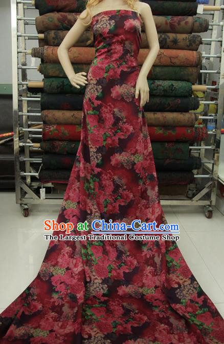 Traditional Chinese Classical Peony Flowers Pattern Dark Red Gambiered Guangdong Gauze Silk Fabric Ancient Hanfu Dress Silk Cloth