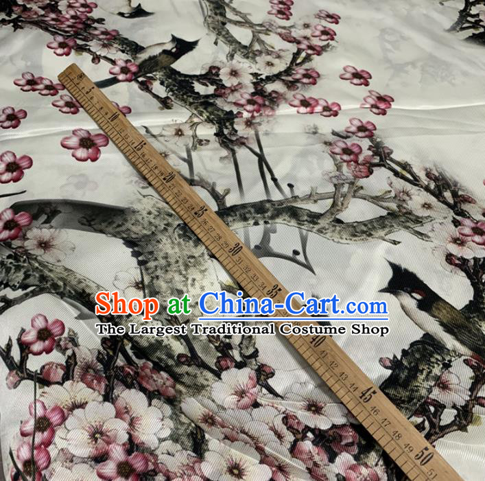 Chinese Classical Ink Painting Plum Pattern White Silk Fabric Traditional Ancient Hanfu Dress Brocade Cloth