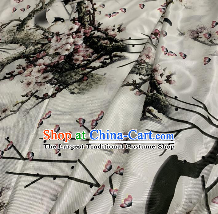 Chinese Classical Ink Painting Plum Pattern White Silk Fabric Traditional Ancient Hanfu Dress Brocade Cloth