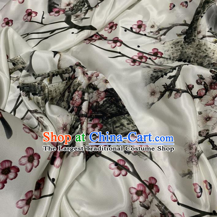 Chinese Classical Ink Painting Plum Pattern White Silk Fabric Traditional Ancient Hanfu Dress Brocade Cloth