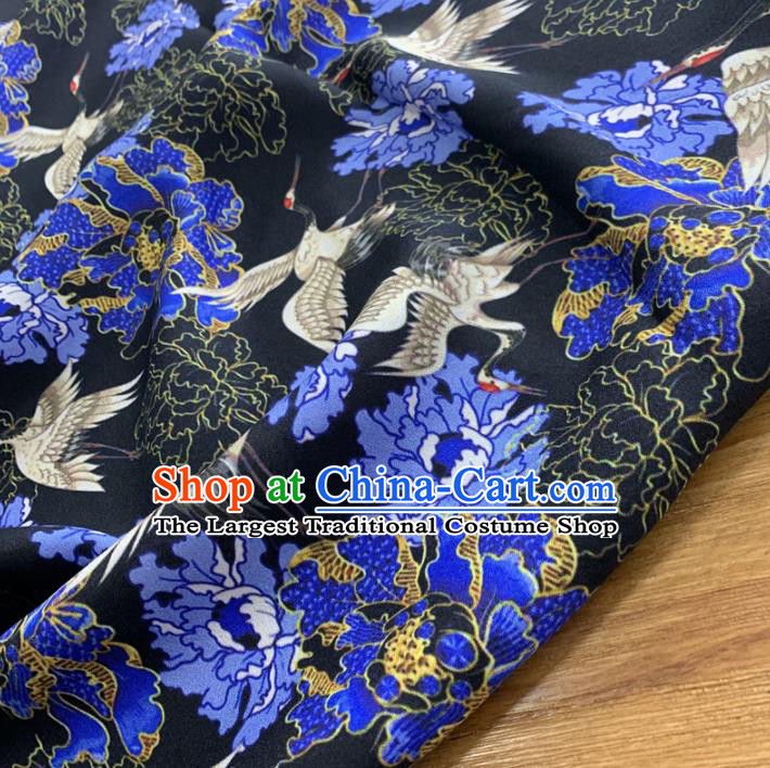Chinese Classical Peony Cranes Pattern Black Silk Fabric Traditional Ancient Hanfu Dress Brocade Cloth