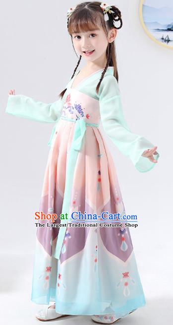 Chinese Traditional Tang Dynasty Girls Printing Light Blue Hanfu Dress Ancient Princess Costume for Kids