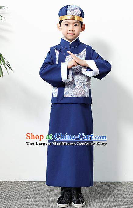 Chinese Traditional Qing Dynasty Boys Navy Clothing Ancient Manchu Prince Costume for Kids