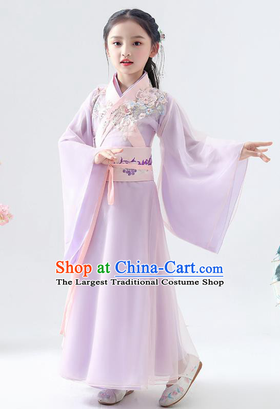 Chinese Traditional Jin Dynasty Girls Lilac Hanfu Dress Ancient Peri Princess Costume for Kids