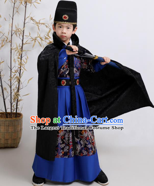Chinese Traditional Ming Dynasty Imperial Guards Royalblue Hanfu Clothing Ancient Boys Swordsman Costume for Kids