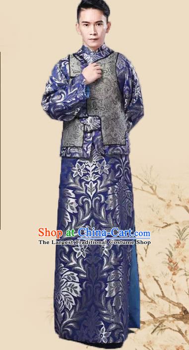 Chinese Traditional Qing Dynasty Prince Royalblue Hanfu Clothing Ancient Manchu Nobility Childe Costume for Men