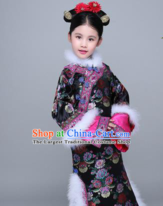 Chinese Traditional Qing Dynasty Princess Black Winter Dress Ancient Manchu Court Girl Costume for Kids
