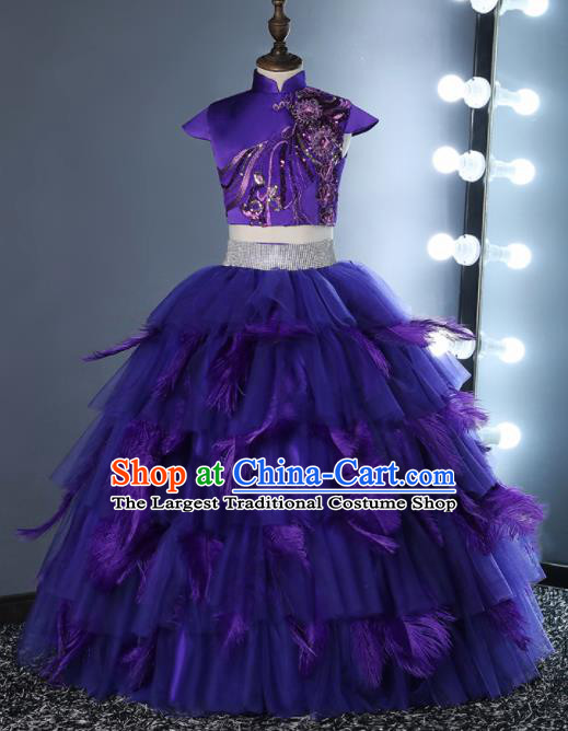 Top Grade Children Day Dance Performance Purple Feather Full Dress Kindergarten Girl Stage Show Costume for Kids