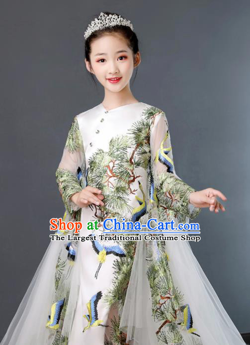Top Grade Children Day Dance Performance Printing Crane Pine White Dress Kindergarten Girl Stage Show Costume for Kids