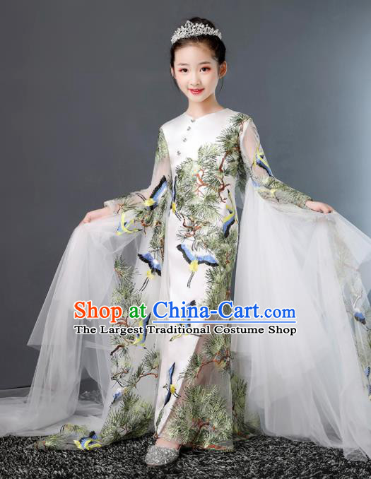 Top Grade Children Day Dance Performance Printing Crane Pine White Dress Kindergarten Girl Stage Show Costume for Kids