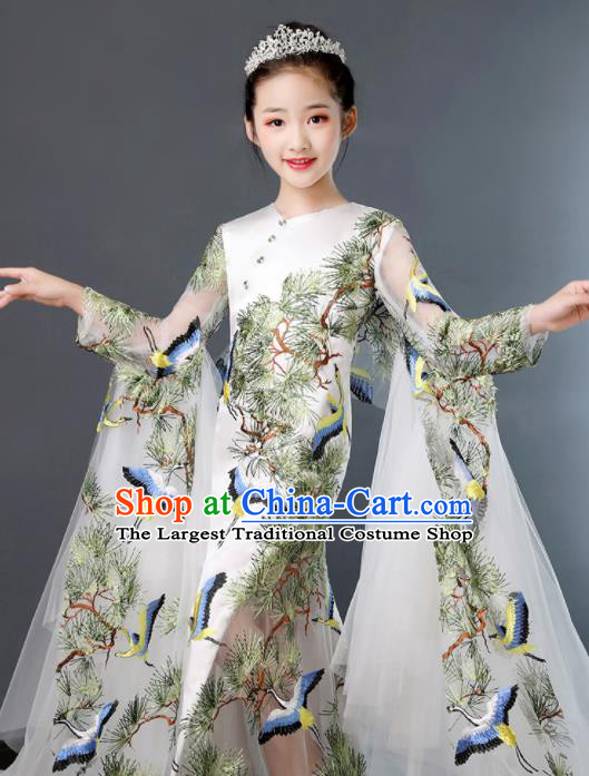 Top Grade Children Day Dance Performance Printing Crane Pine White Dress Kindergarten Girl Stage Show Costume for Kids