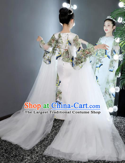 Top Grade Children Day Dance Performance Printing Crane Pine White Dress Kindergarten Girl Stage Show Costume for Kids