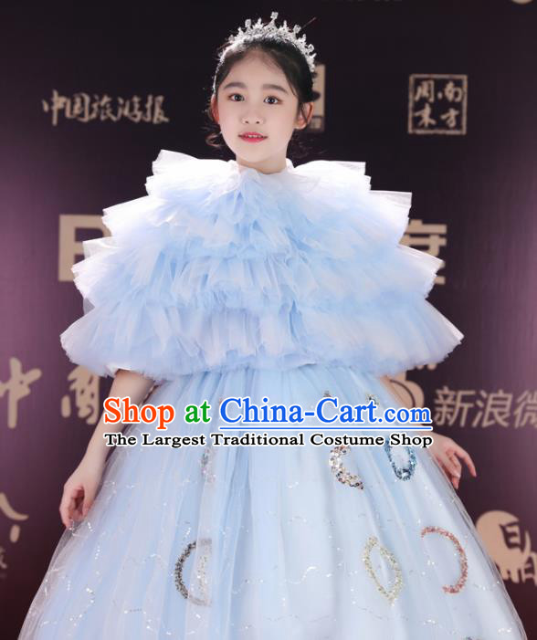 Top Grade Children Day Dance Performance Light Blue Full Dress Kindergarten Girl Stage Show Costume for Kids