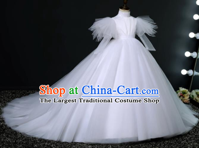 Top Grade Children Day Dance Performance White Veil Trailing Wedding Dress Kindergarten Girl Stage Show Costume for Kids