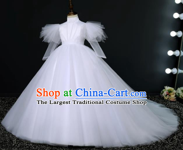 Top Grade Children Day Dance Performance White Veil Trailing Wedding Dress Kindergarten Girl Stage Show Costume for Kids