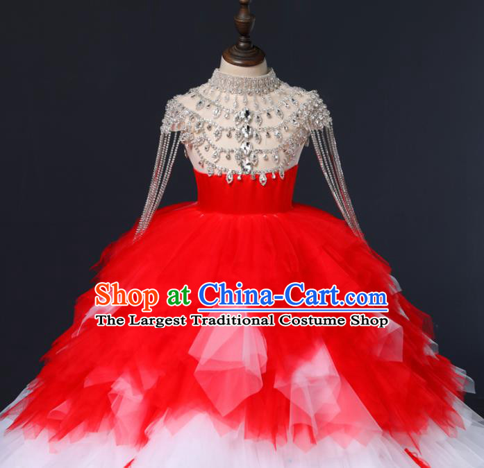 Top Grade Children Day Dance Performance Red Veil Trailing Dress Kindergarten Girl Stage Show Costume for Kids