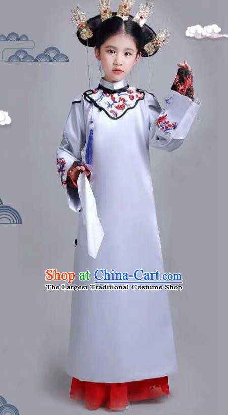 Chinese Traditional Qing Dynasty Girls Blue Qipao Dress Ancient Manchu Princess Costume for Kids