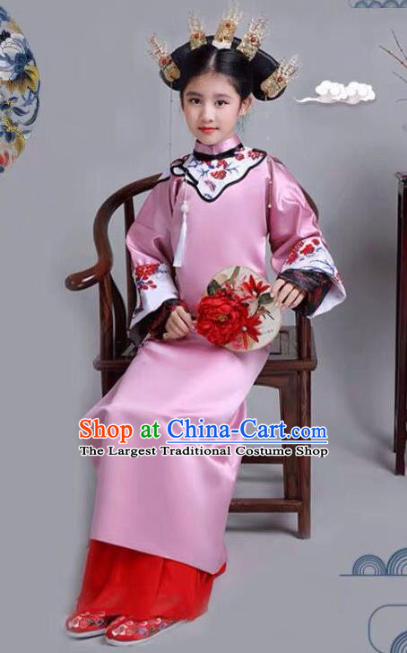 Chinese Traditional Qing Dynasty Girls Rosy Qipao Dress Ancient Manchu Princess Costume for Kids