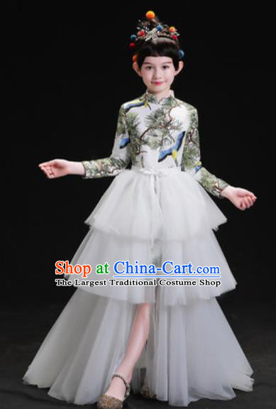 Chinese New Year Dance Performance White Veil Trailing Full Dress Kindergarten Girls Stage Show Costume for Kids