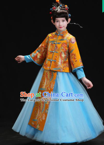 Chinese New Year Performance Embroidered Golden Full Dress Kindergarten Girls Dance Stage Show Costume for Kids