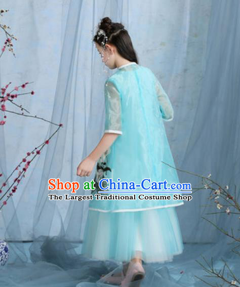 Chinese New Year Performance Embroidered Blue Veil Dress National Kindergarten Girls Dance Stage Show Costume for Kids