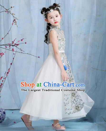 Top Grade Christmas Day Dance Performance White Full Dress Kindergarten Girl Stage Show Costume for Kids