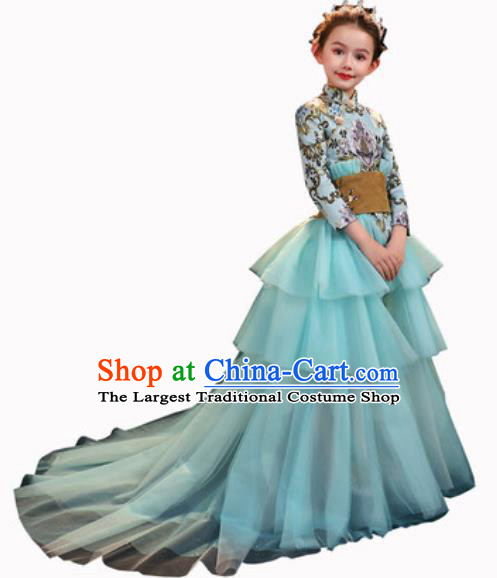 Top Grade Christmas Day Dance Performance Green Veil Trailing Full Dress Kindergarten Girl Stage Show Costume for Kids