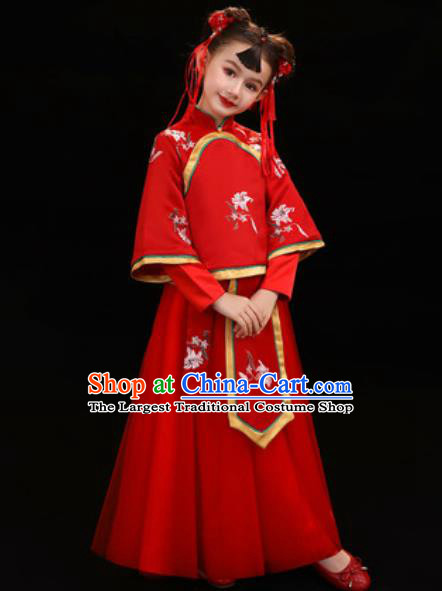 Chinese New Year Performance Red Veil Qipao Dress National Kindergarten Girls Dance Stage Show Costume for Kids