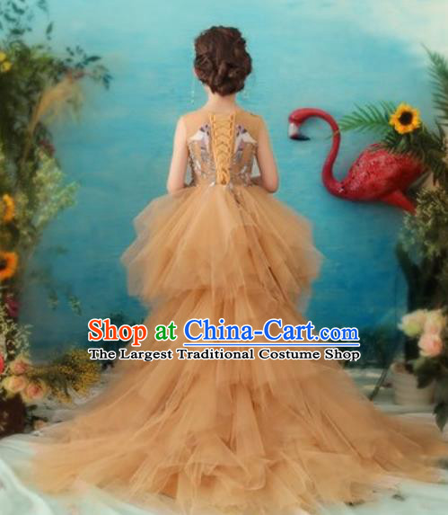 Top Grade Christmas Day Dance Performance Golden Trailing Full Dress Kindergarten Girl Stage Show Costume for Kids