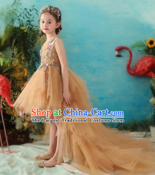 Top Grade Christmas Day Dance Performance Golden Trailing Full Dress Kindergarten Girl Stage Show Costume for Kids