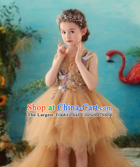 Top Grade Christmas Day Dance Performance Golden Trailing Full Dress Kindergarten Girl Stage Show Costume for Kids