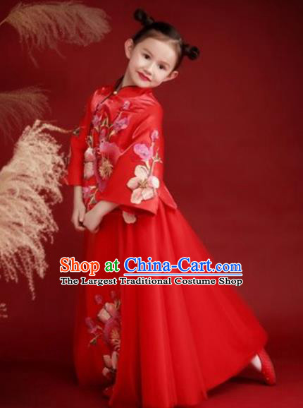 Chinese New Year Performance Embroidered Red Dress National Kindergarten Girls Dance Stage Show Costume for Kids