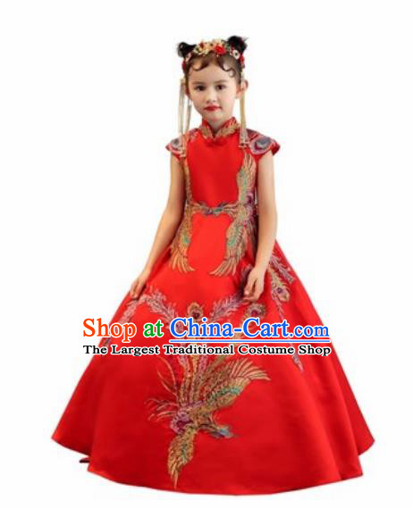 Chinese New Year Performance Embroidered Phoenix Red Dress National Kindergarten Girls Dance Stage Show Costume for Kids