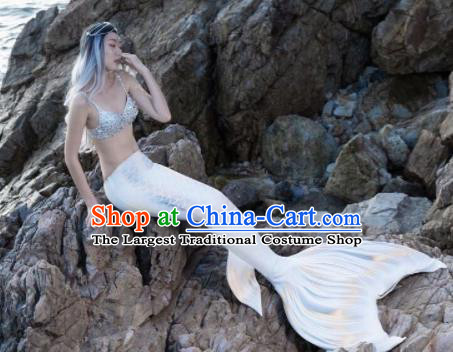 Halloween Cosplay Mermaid White Fishtail Swimwear Dress Nylon Fish Tail Skirt Clothing for Women