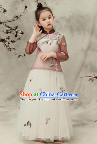 Chinese New Year Performance Brown Veil Qipao Dress National Kindergarten Girls Dance Stage Show Costume for Kids