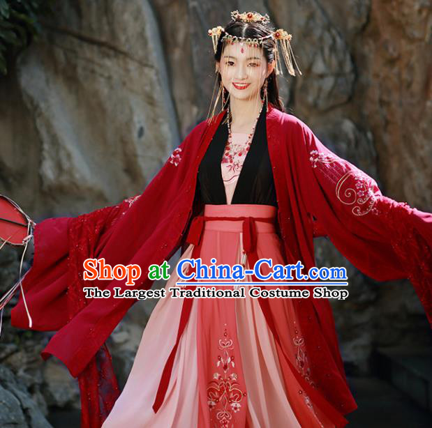 Traditional Chinese Song Dynasty Wedding Replica Costumes Ancient Court Princess Embroidered Red Hanfu Dress for Women