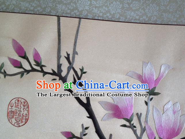Traditional Chinese Handmade Suzhou Embroidery Yulan Magnolia Wall Picture Embroidered Scroll Embroidery Craft