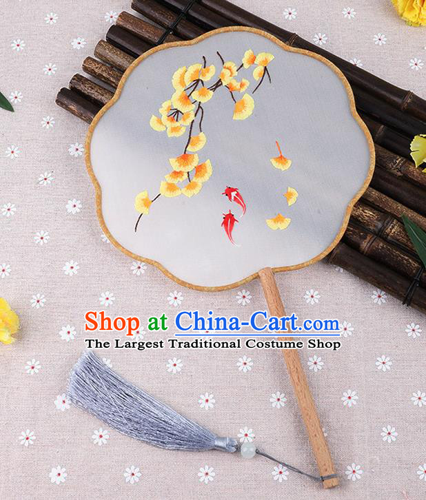 Chinese Traditional Handmade Embroidery Ginkgo Leaf Silk Fan Embroidered Palace Fans