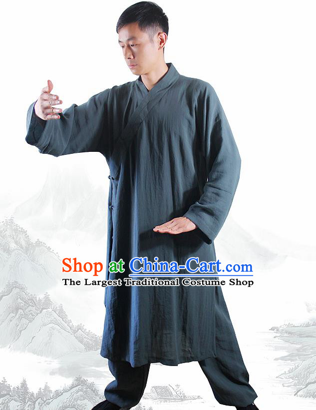 Chinese Traditional Martial Arts Atrovirens Flax Robe Kung Fu Taoist Priest Tai Chi Costume for Men